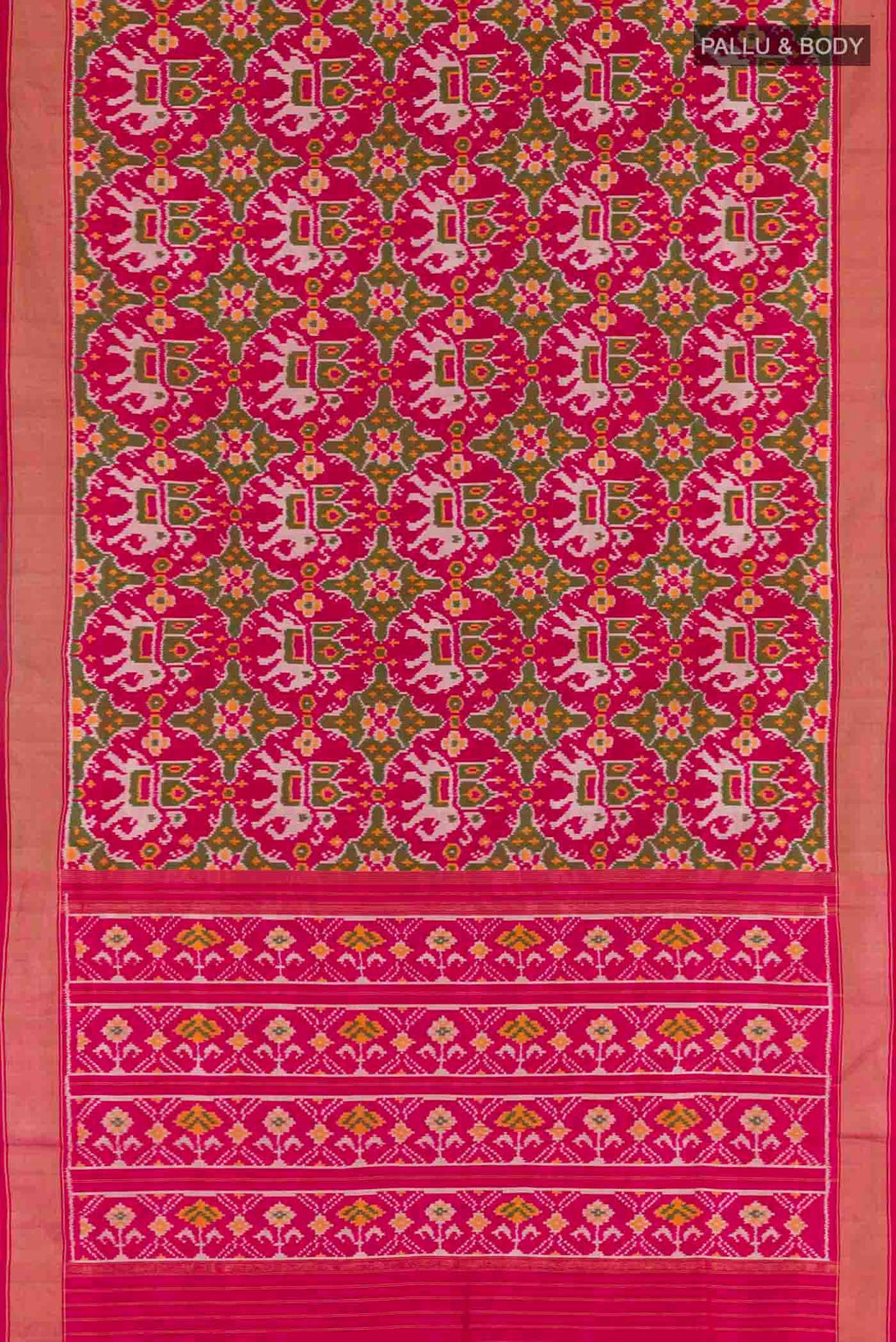 Flat view of Pink Pochampally Silk Saree with Pure Ikat on the body and Zari Border