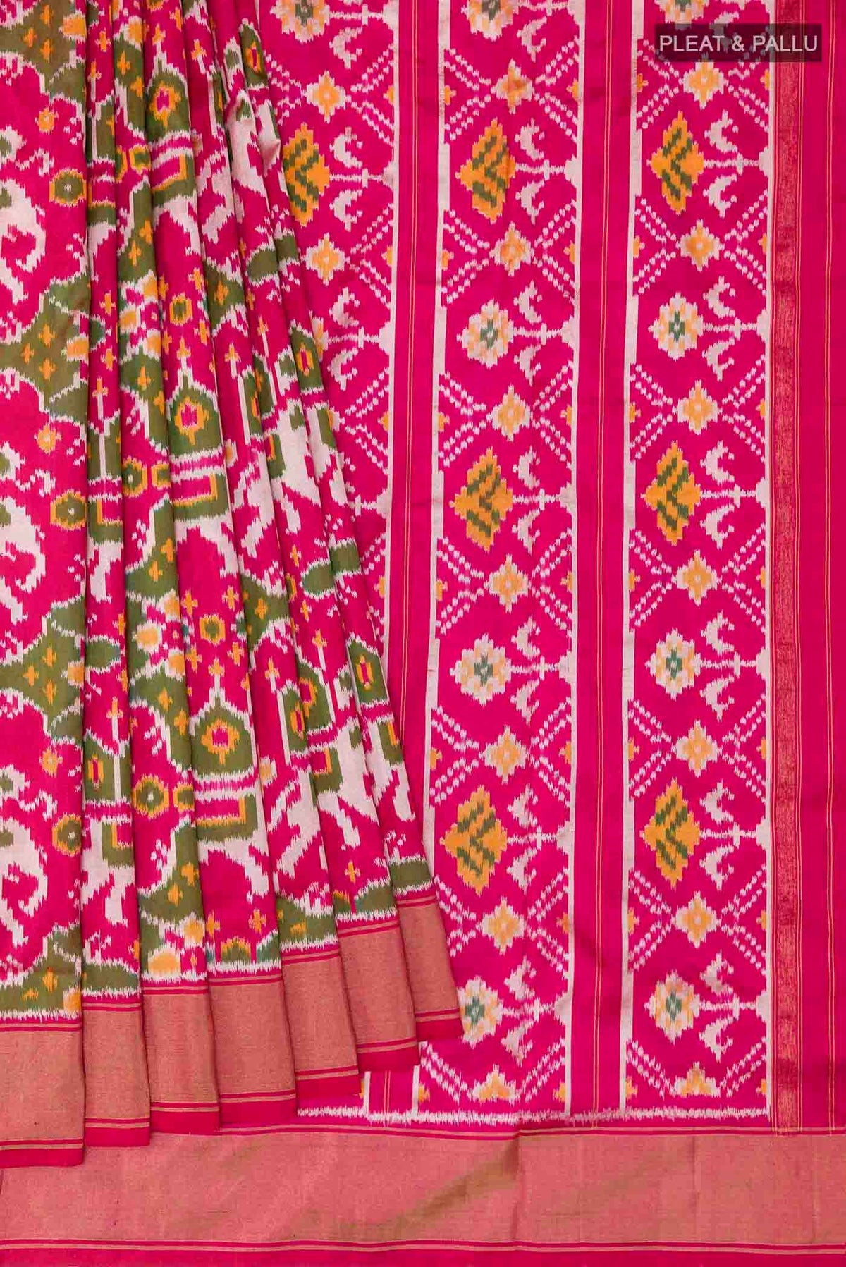 Pleats and pallu of Pink Pochampally Silk Saree with Pure Ikat on the body and Zari Border