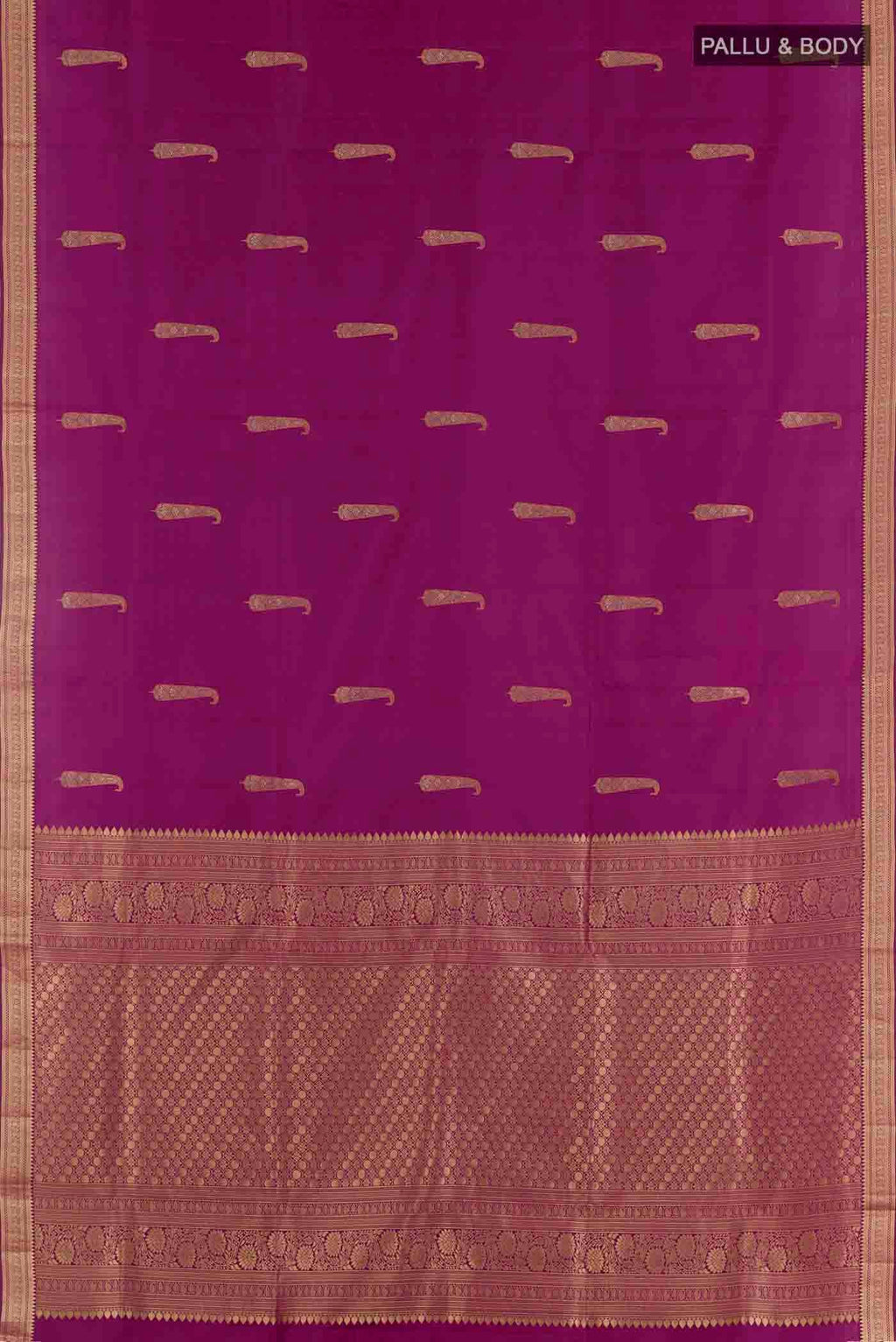 Flat view of Purple Soft Silk Saree with Zari Butta on the body and Zari Border