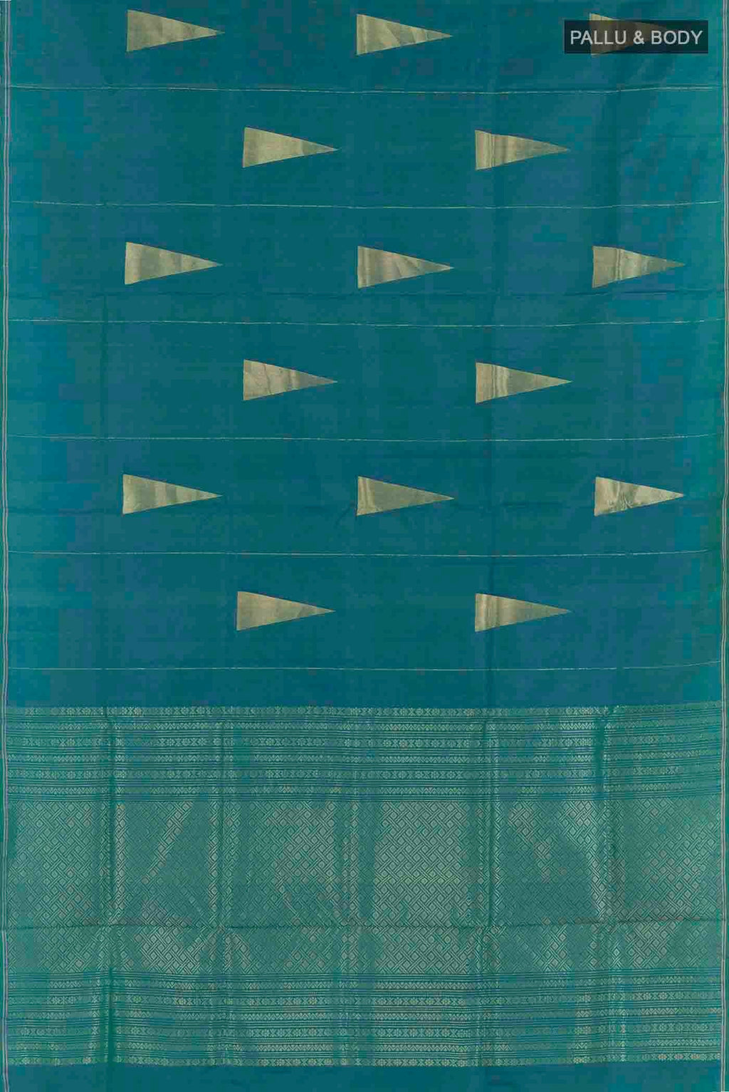 Flat view of Peacock Blue Soft Silk Saree with Zari Butta on the body and Zari Border