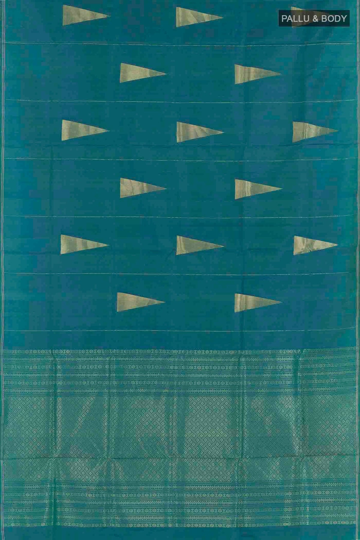 Flat view of Peacock Blue Soft Silk Saree with Zari Butta on the body and Zari Border