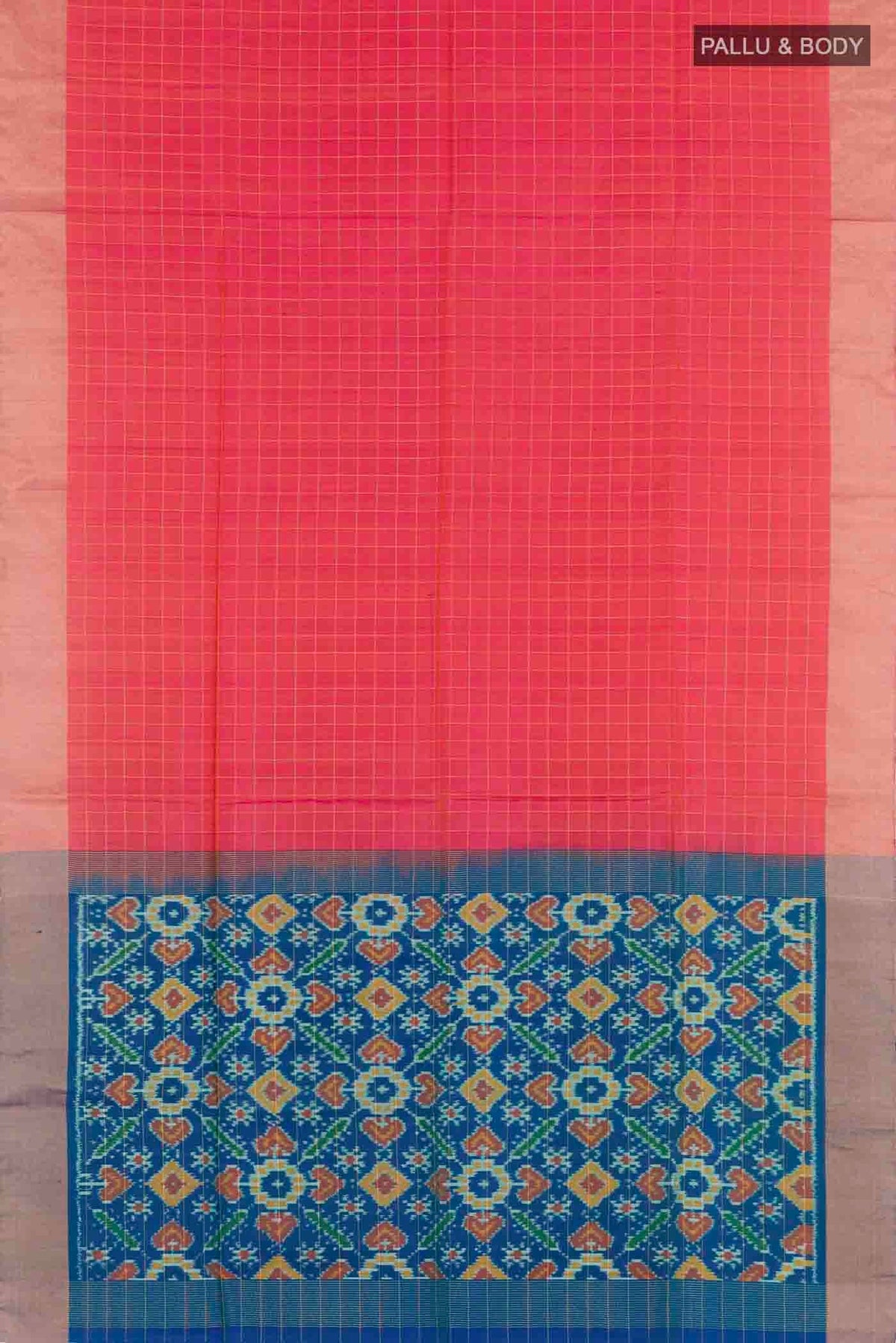 Flat view of Peach Soft Silk Saree with Checked design on the body and Zari Border