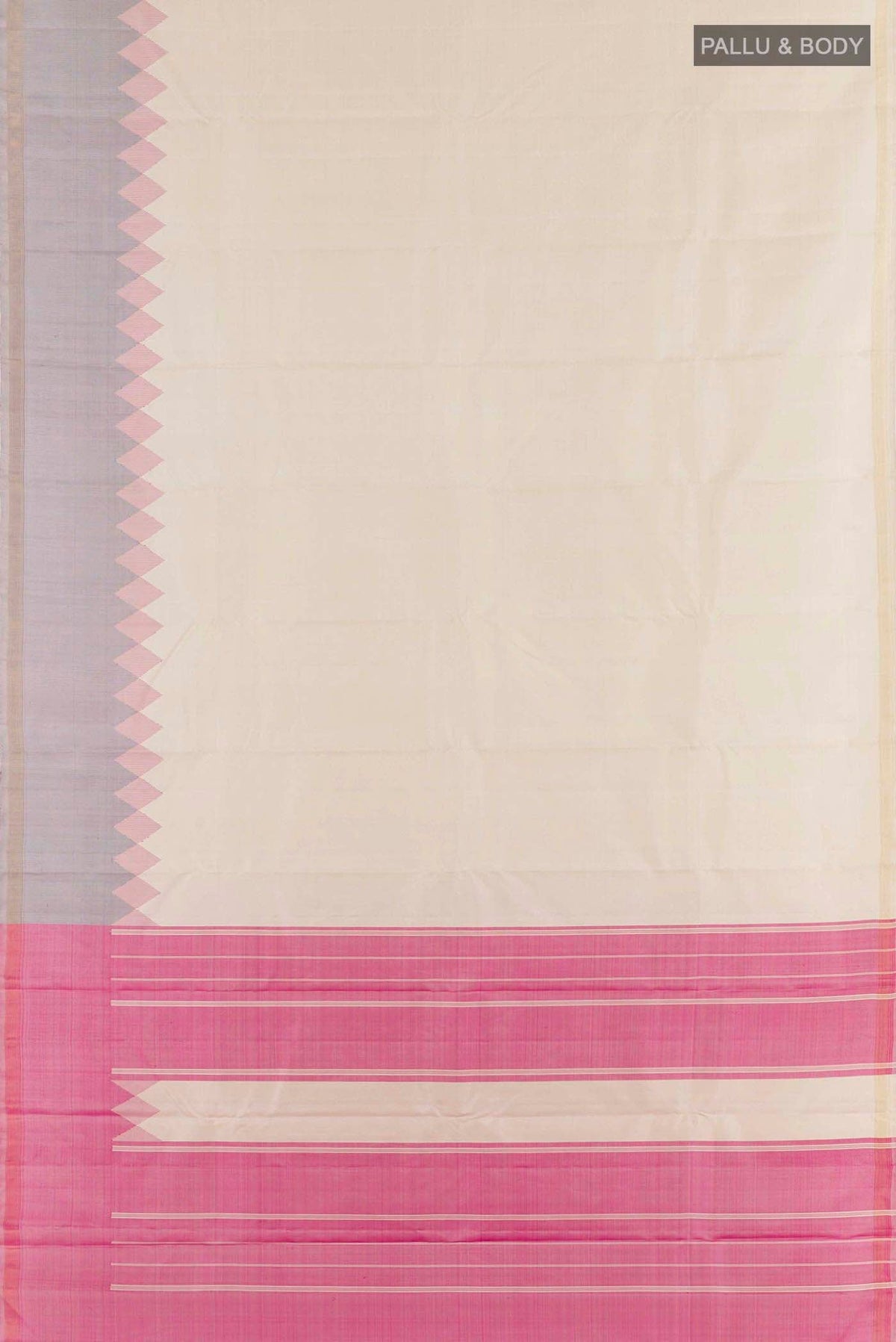 Flat view of Off White Kanchipuram Silk Saree with Plain Body and Zari Border
