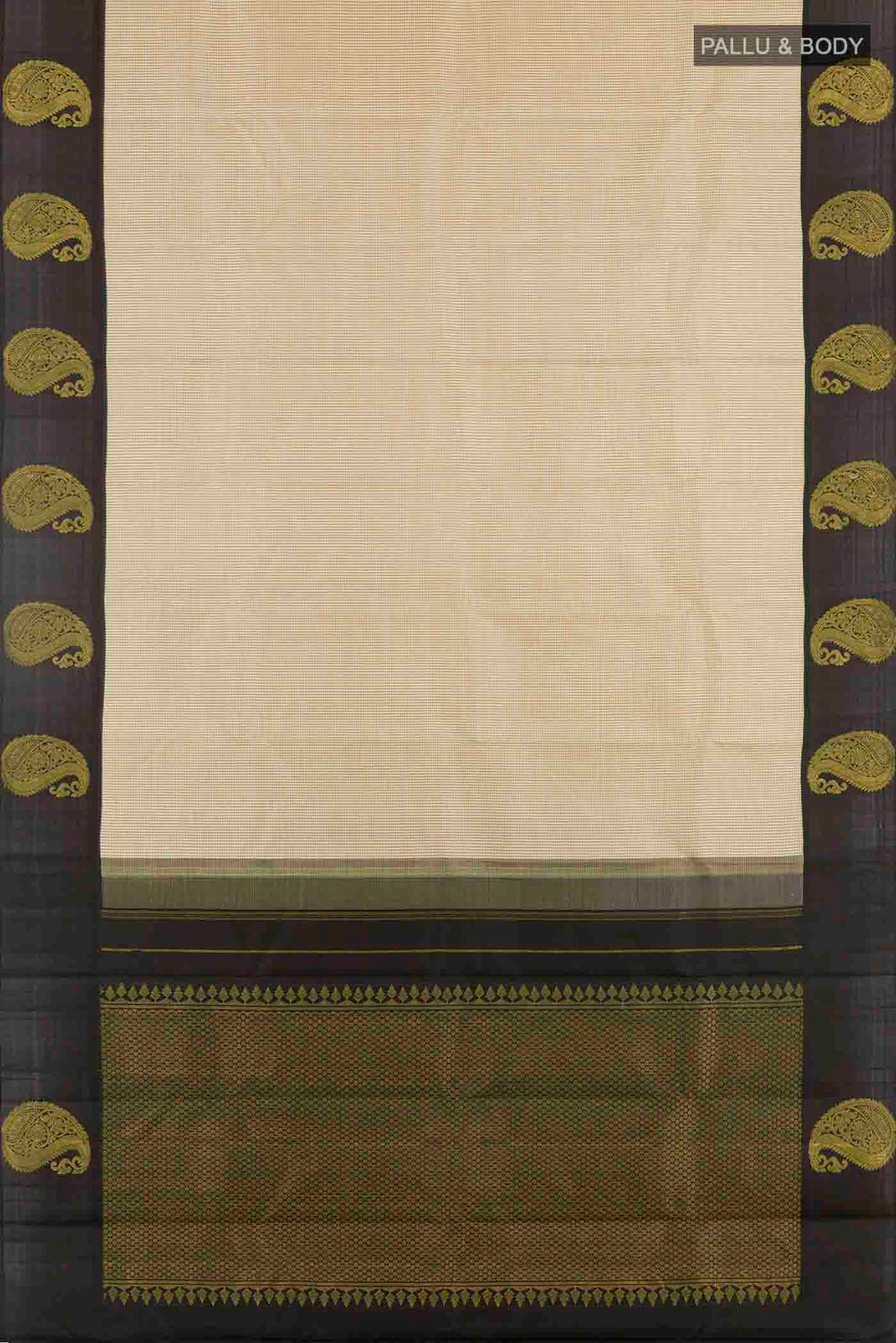 Flat view of Off White Kanchipuram Silk Saree with Checked design on the body and Zari Border