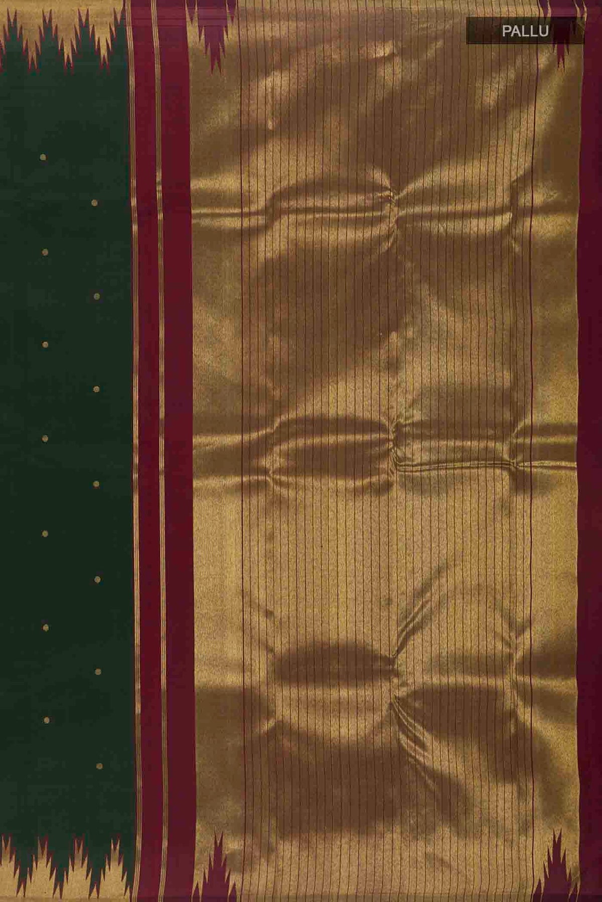 Close up image of the pallu of Bottle Green Kanchipuram Silk Saree with Zari Butta on the body and Zari Border