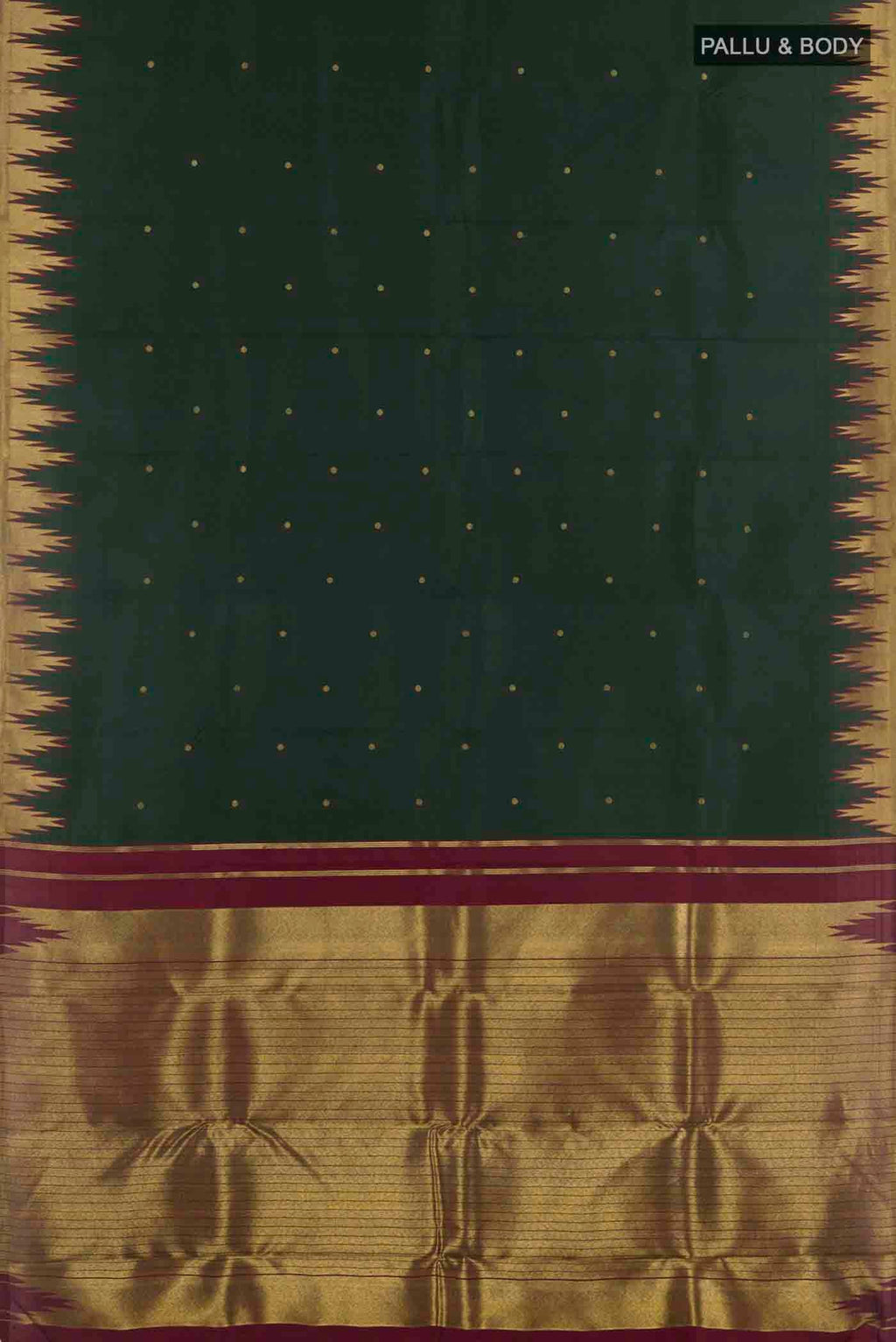 Flat view of Bottle Green Kanchipuram Silk Saree with Zari Butta on the body and Zari Border