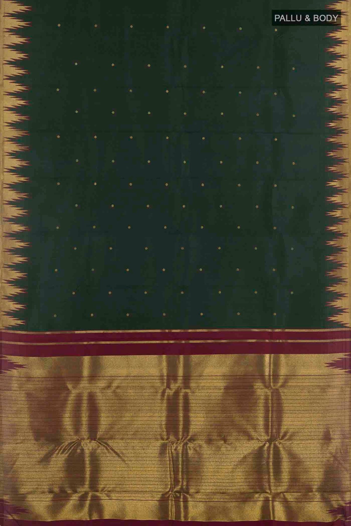 Flat view of Bottle Green Kanchipuram Silk Saree with Zari Butta on the body and Zari Border