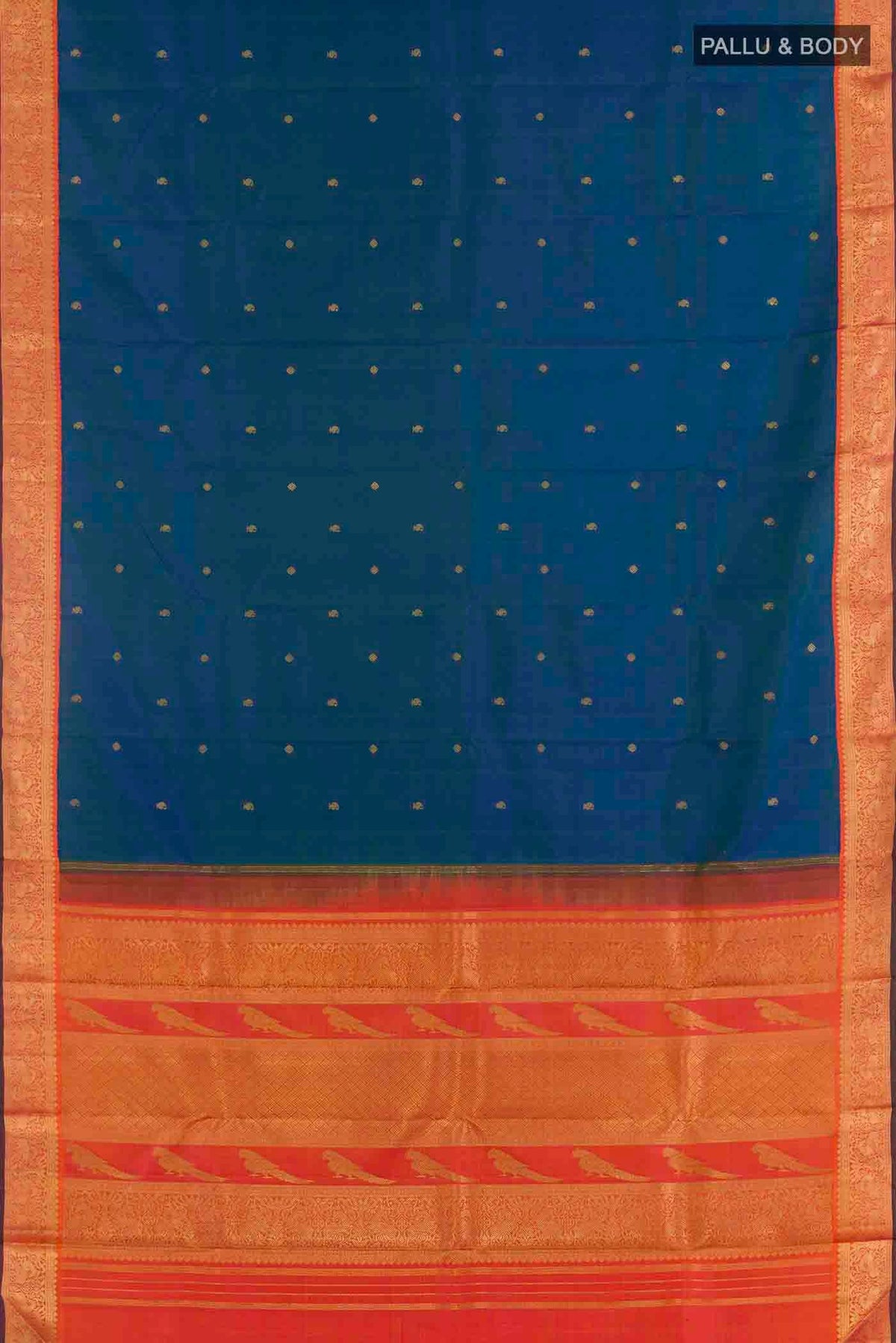 Flat view of Peacock Blue Kanchipuram Silk Saree with Zari Butta on the body and Zari Border