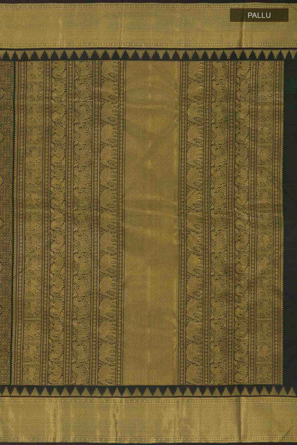 Close up image of the pallu of Pure Silk Pure Zari Black Kanchipuram Saree with Zari Brocade on the body and Zari Border