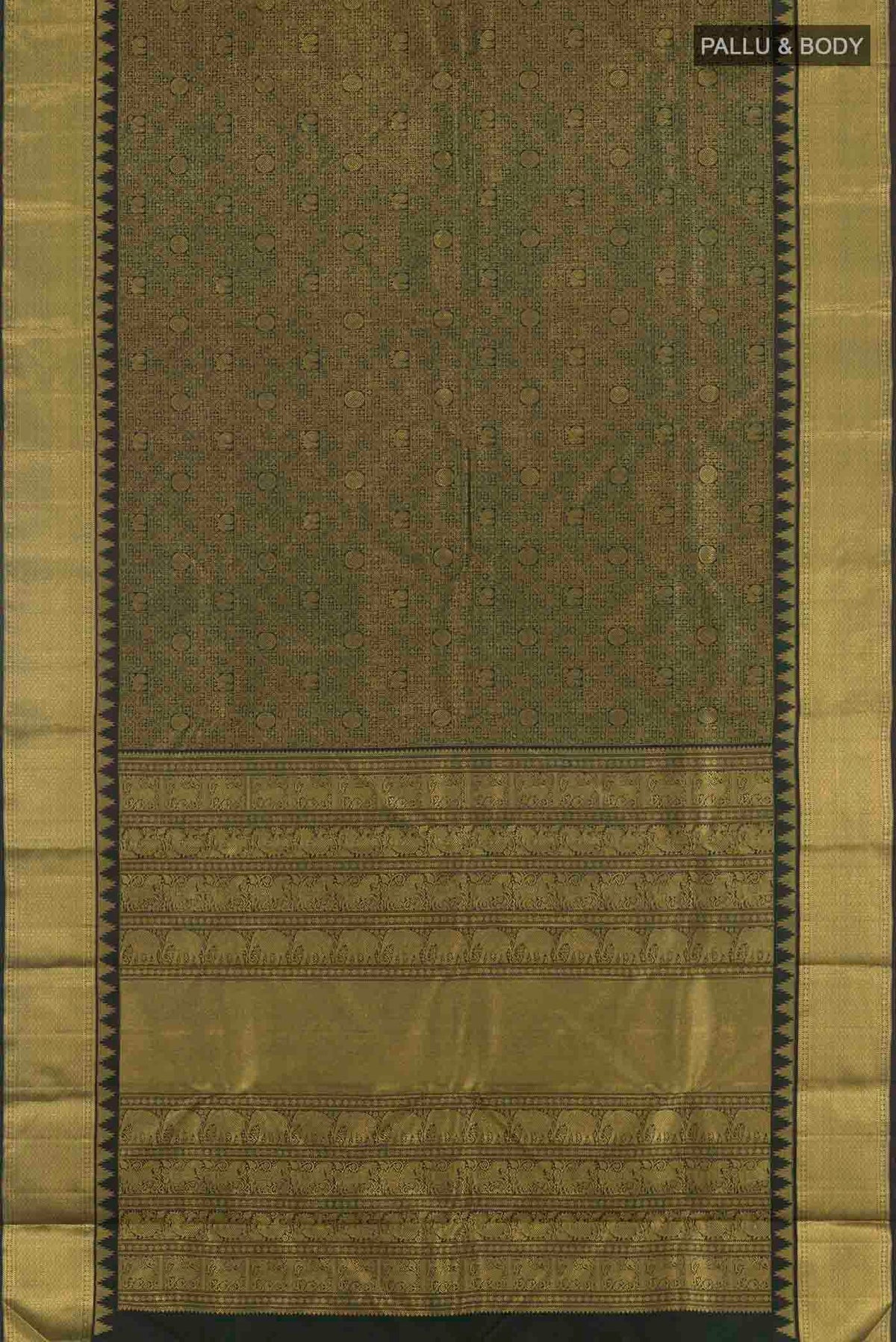 Flat view of Pure Silk Pure Zari Black Kanchipuram Saree with Zari Brocade on the body and Zari Border