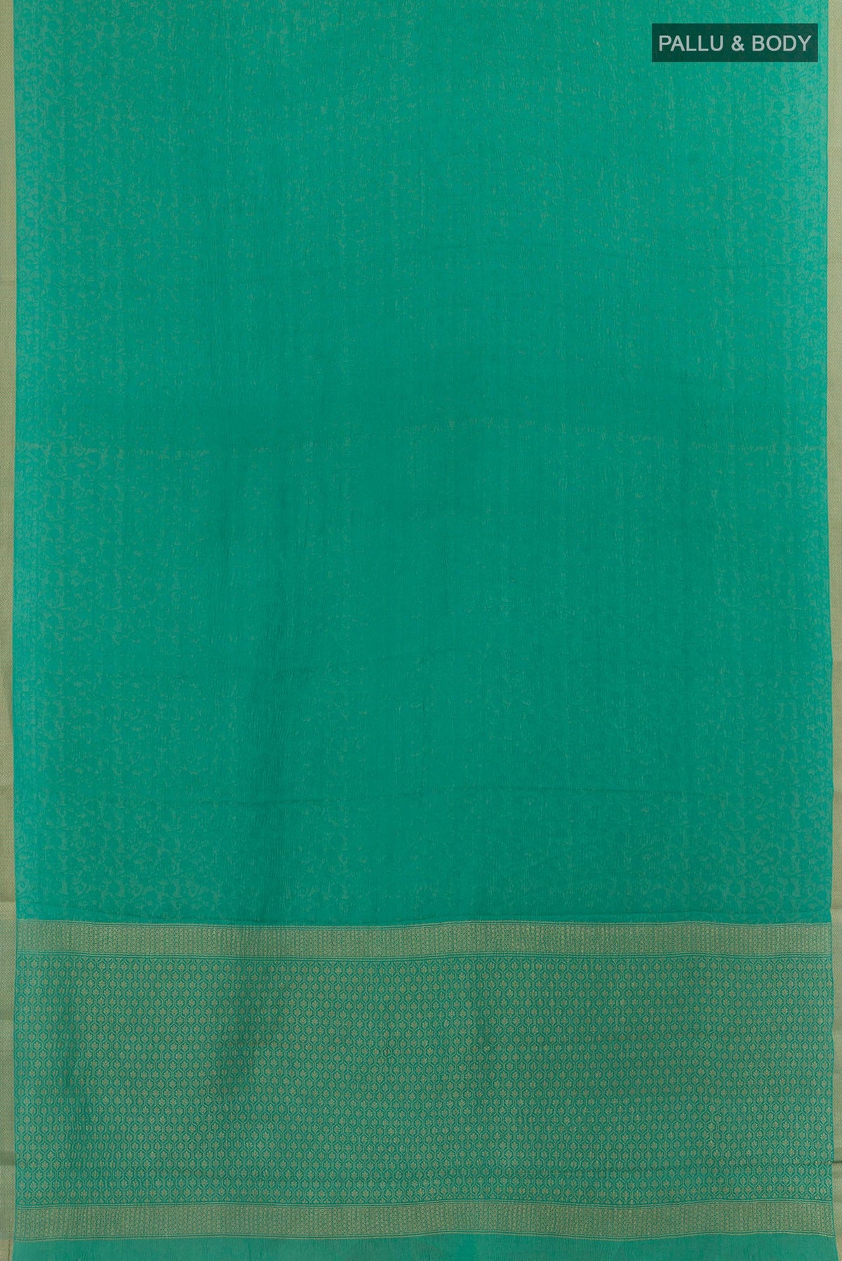 Flat view of Sea Green Mysore Crepe Saree with Zari Brocade on the body and Zari Border. 
