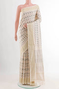 Off White Pochampally Silk Saree with Pure Ikat on the body and Zari Border displayed on a mannequin