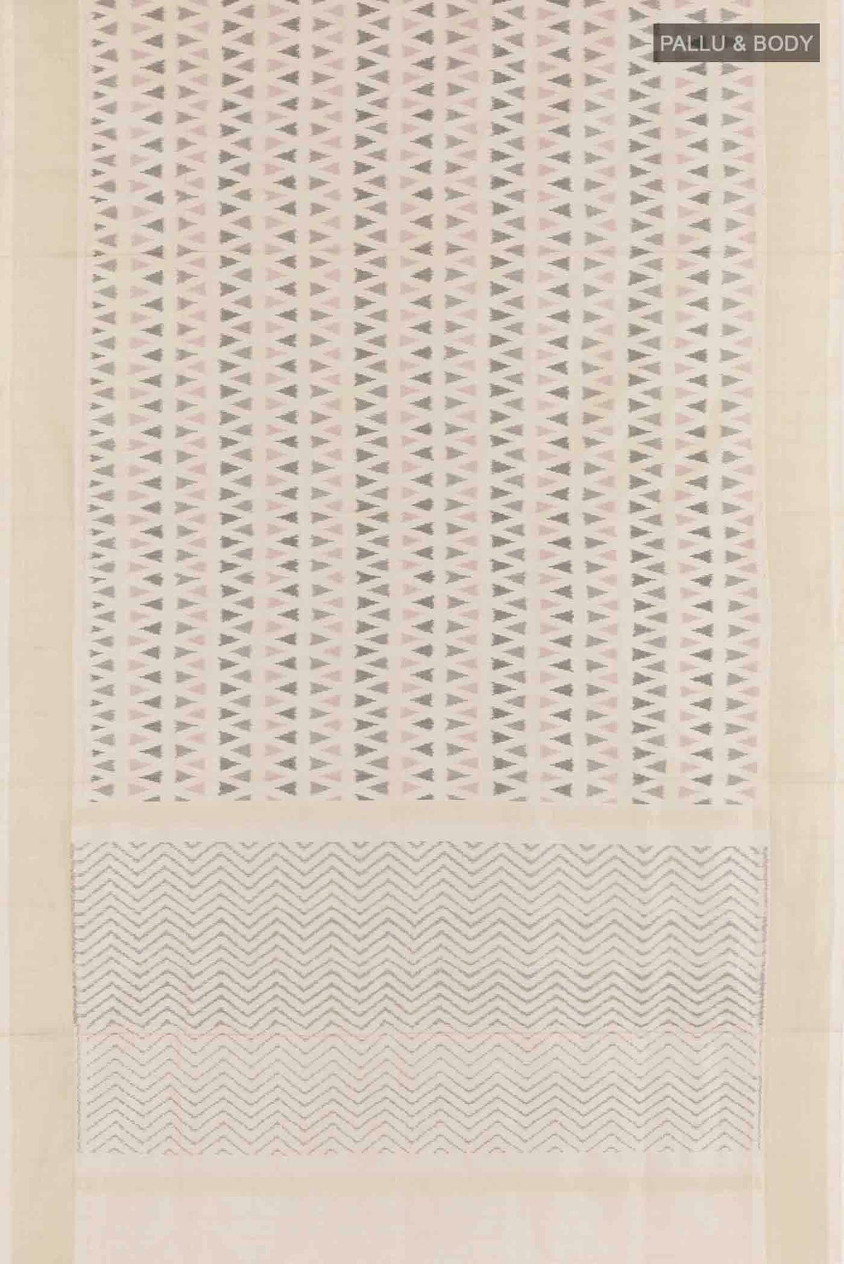 Flat view of Off White Pochampally Silk Saree with Pure Ikat on the body and Zari Border