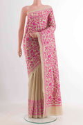 Beige Tussar Saree with Kantha Work on the body and Embroidery Border displayed on a mannequin