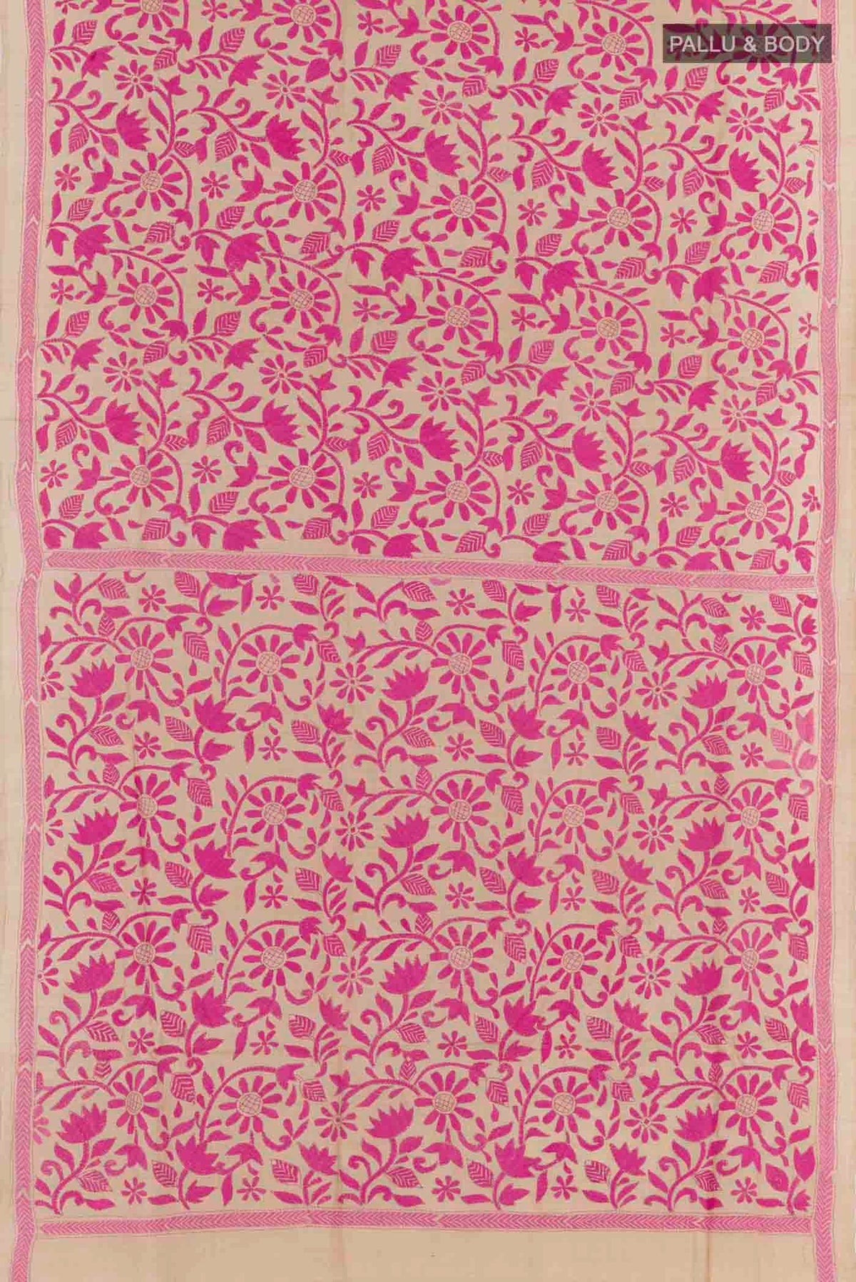 Flat view of Beige Tussar Saree with Kantha Work on the body and Embroidery Border