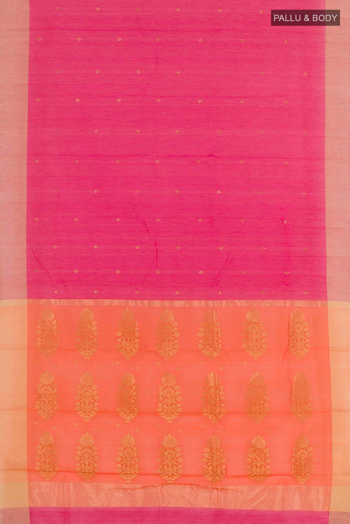 Flat view of Pink Chanderi Silk Saree with Zari Butta on the body and Zari Border. 