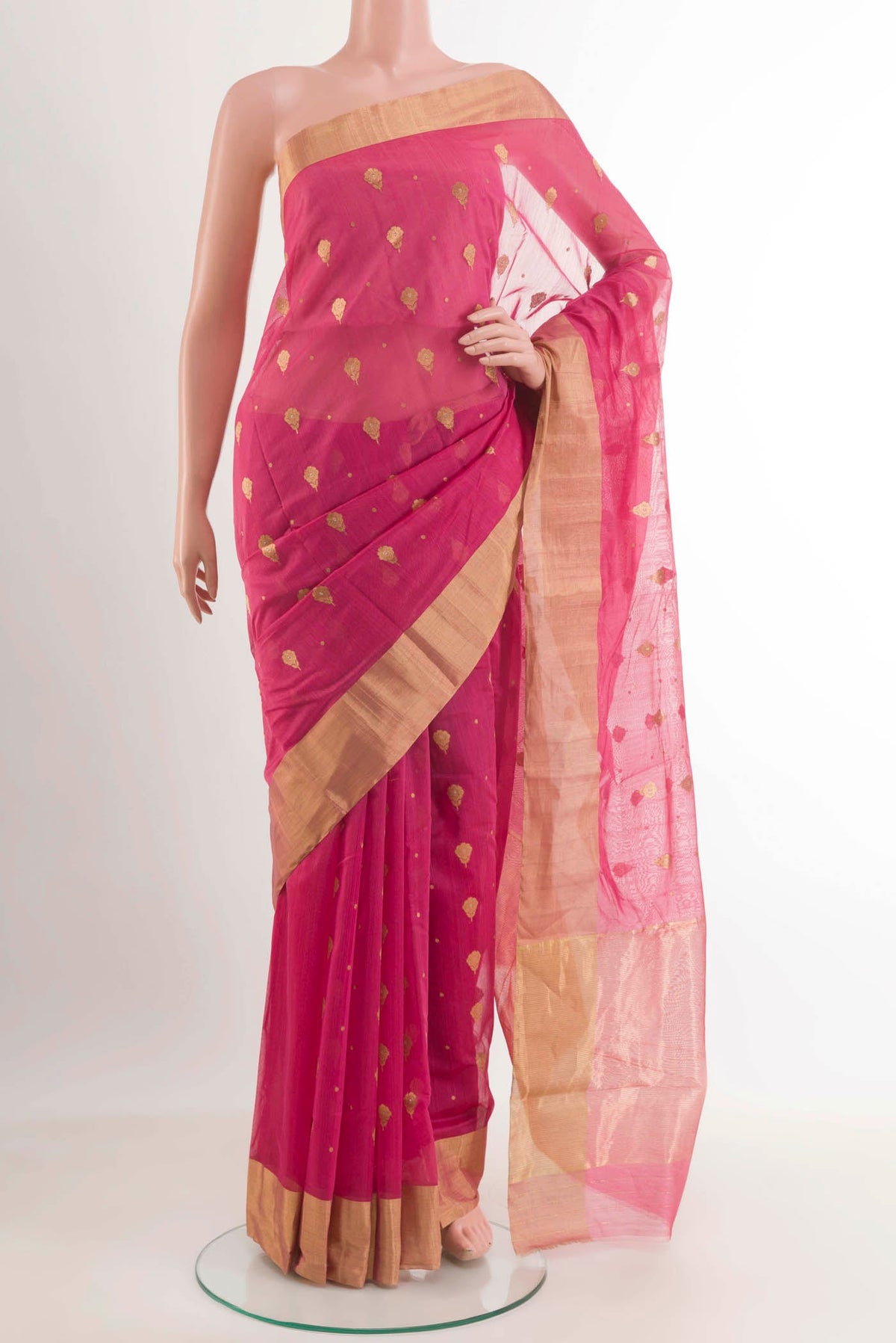 Pink Chanderi Silk Saree with Zari Butta on the body and Zari Border.  displayed on a mannequin