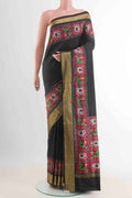 Black Pochampally Silk Saree with Plain Body and Zari Border displayed on a mannequin