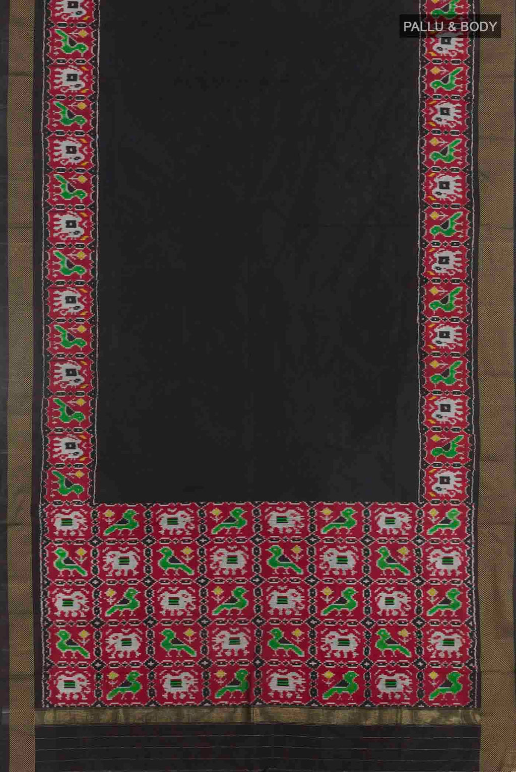 Flat view of Black Pochampally Silk Saree with Plain Body and Zari Border