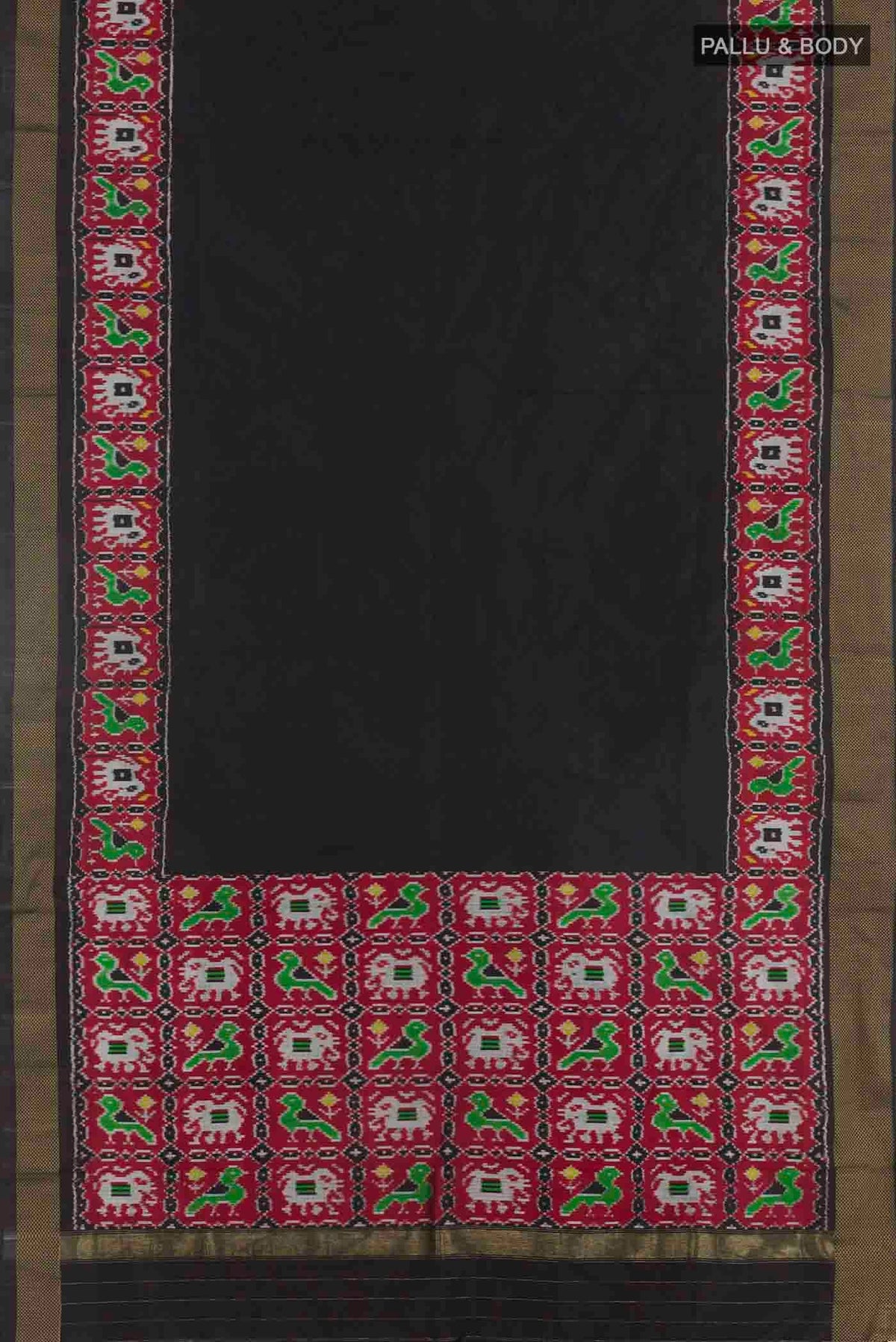 Flat view of Black Pochampally Silk Saree with Plain Body and Zari Border