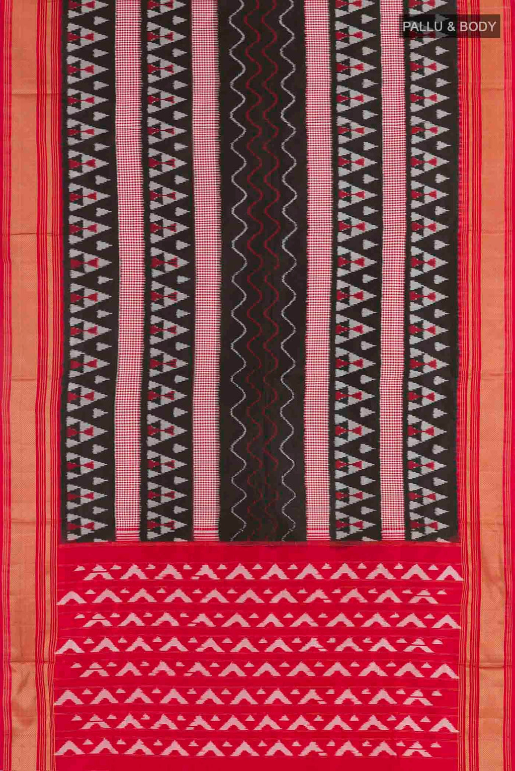 Flat view of Black Pochampally Silk Saree with Pure Ikat on the body and Zari Border