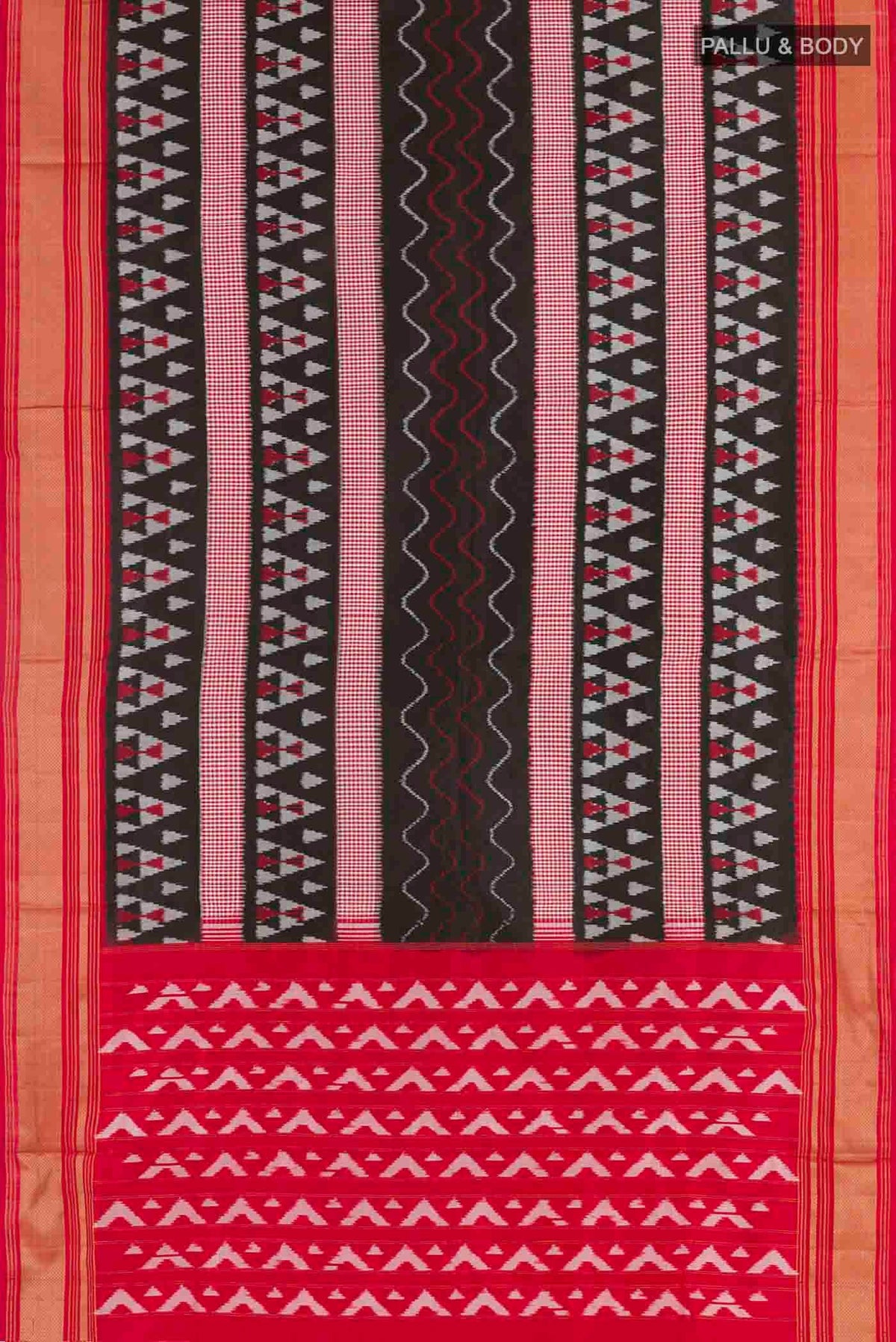 Flat view of Black Pochampally Silk Saree with Pure Ikat on the body and Zari Border