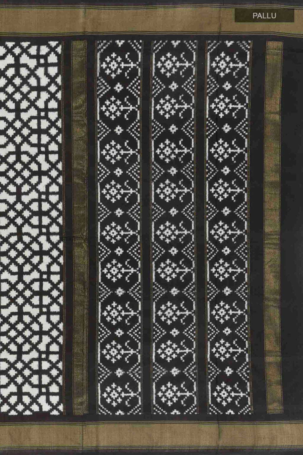 Close up image of the pallu of Off White Pochampally Silk Saree with Pure Ikat on the body and Zari Border