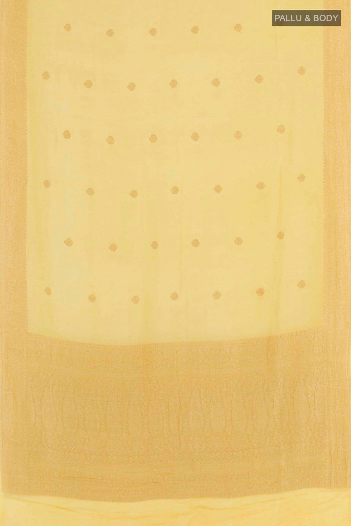 Flat view of Yellow Mysore Chiffon Saree with Zari Butta on the body and Zari Border