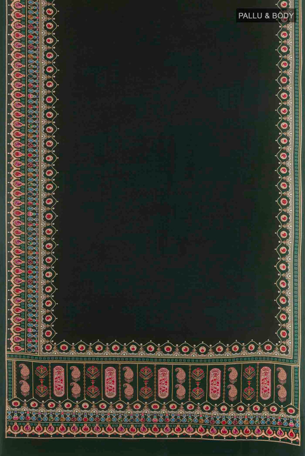 Flat view of Bottle Green Mysore Crepe Saree with Printed design on the body and Printed Border