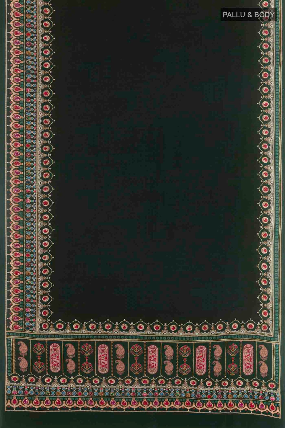 Flat view of Bottle Green Mysore Crepe Saree with Printed design on the body and Printed Border
