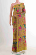 Mehandi Green Mysore Crepe Saree with Printed design on the body and Plain Border displayed on a mannequin