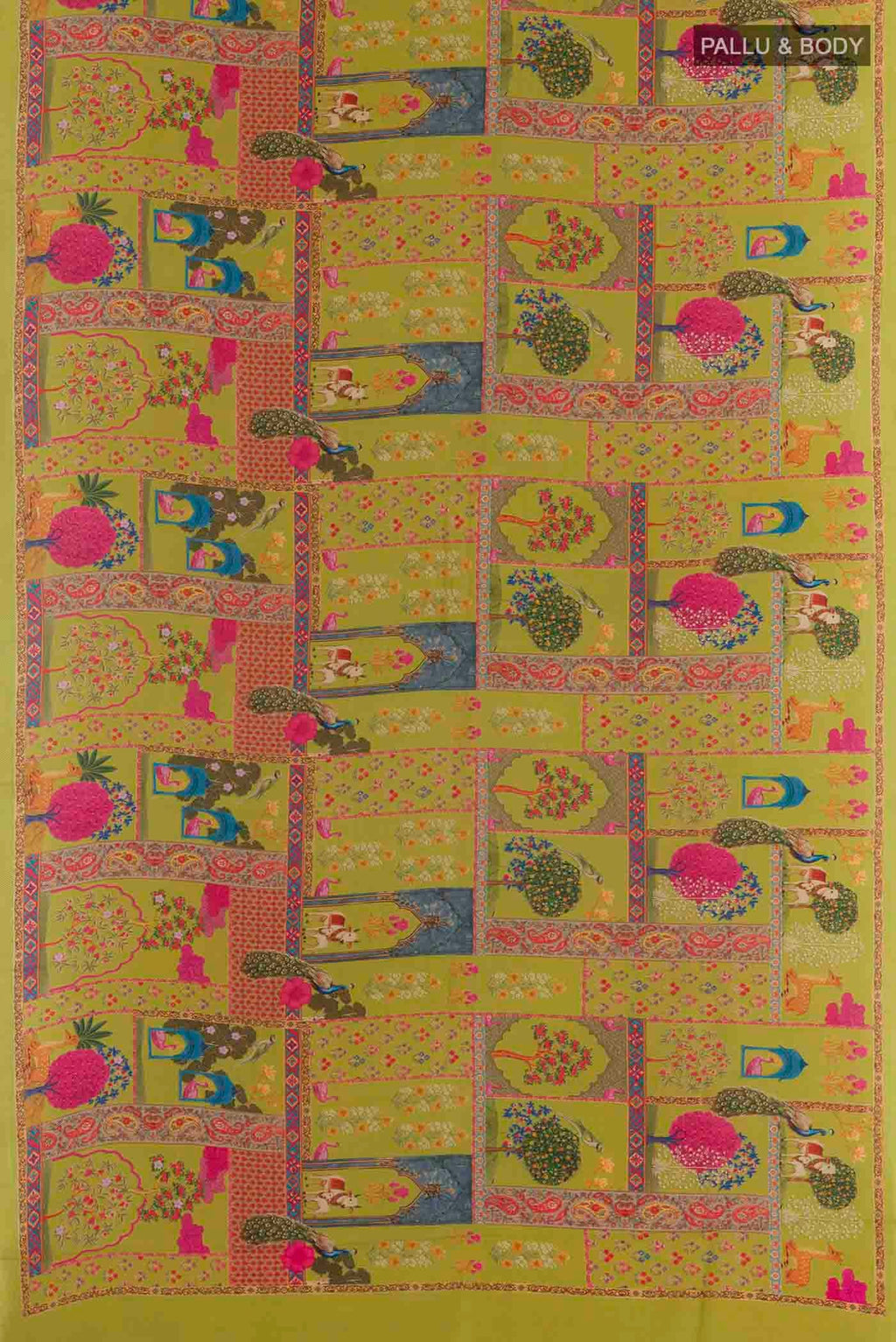 Flat view of Mehandi Green Mysore Crepe Saree with Printed design on the body and Plain Border
