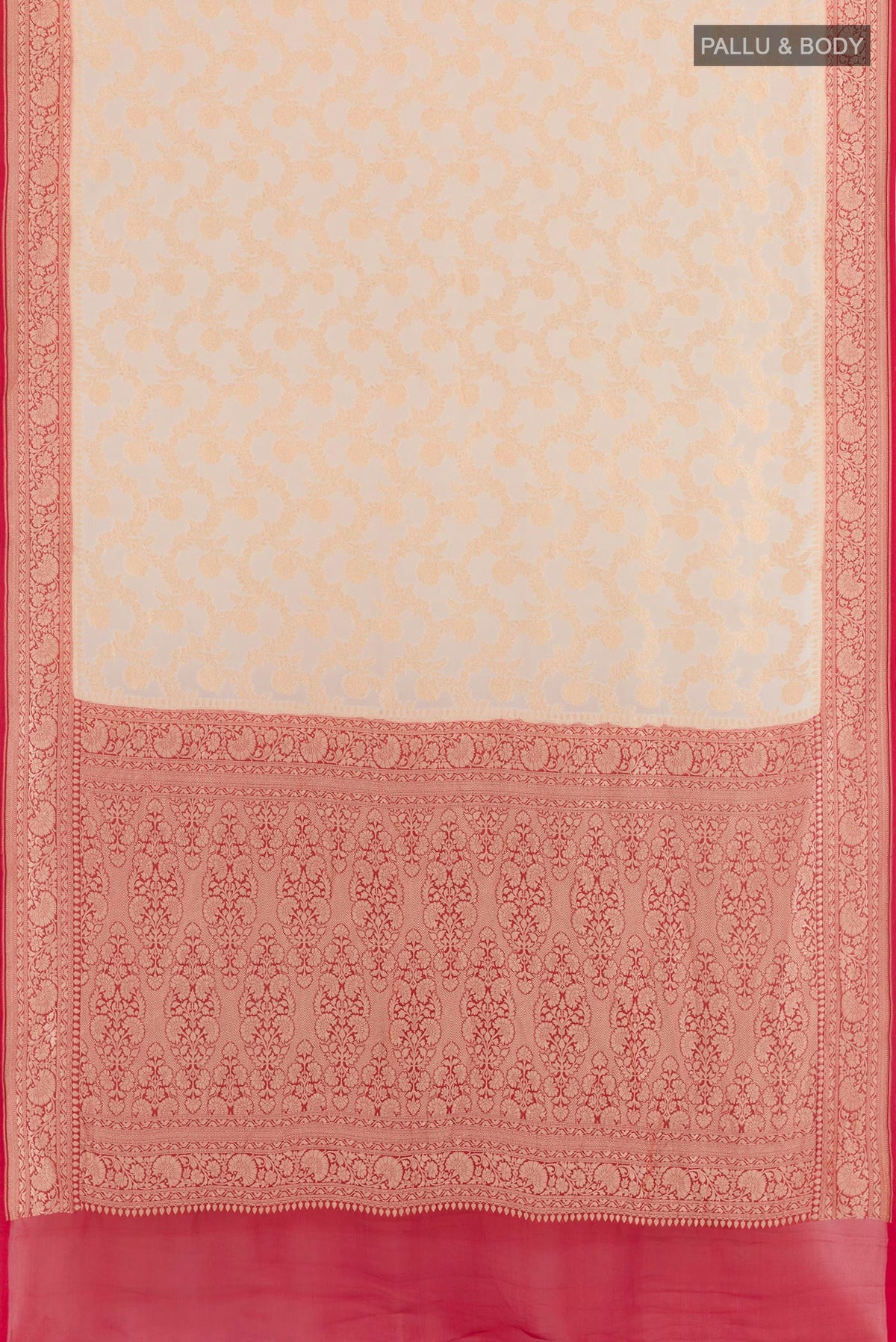 Flat view of Off White Banarasi Georgette Saree with Zari Brocade on the body and Zari Border. 