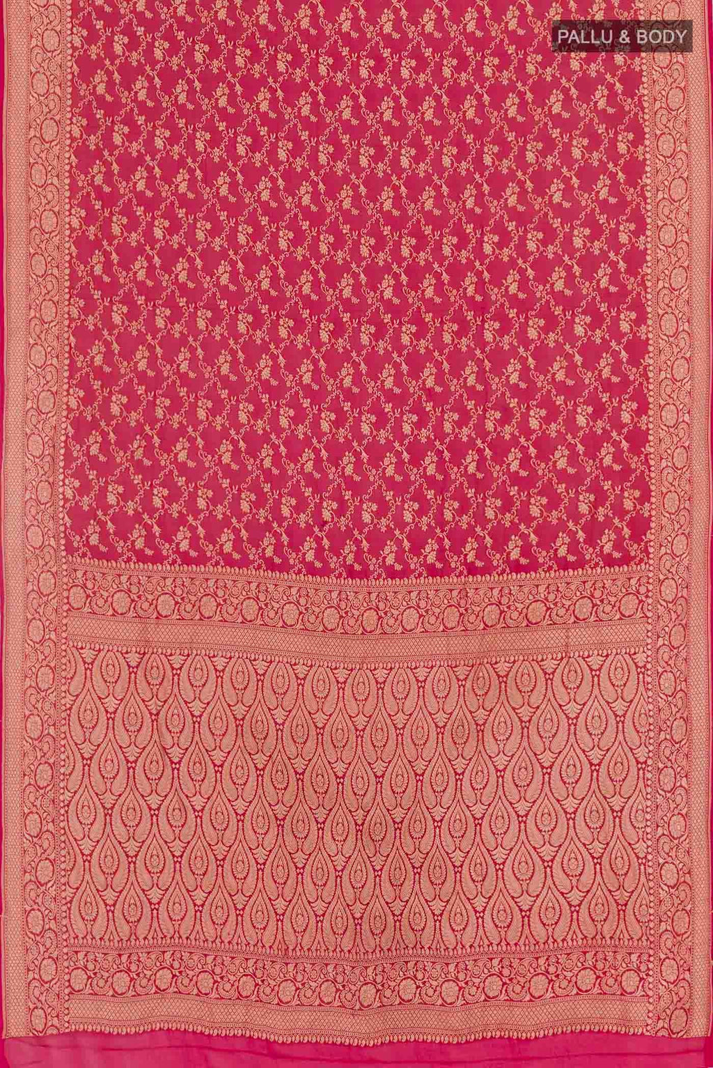 Flat view of Pink Banarasi Georgette Saree with Zari Brocade on the body and Plain Border