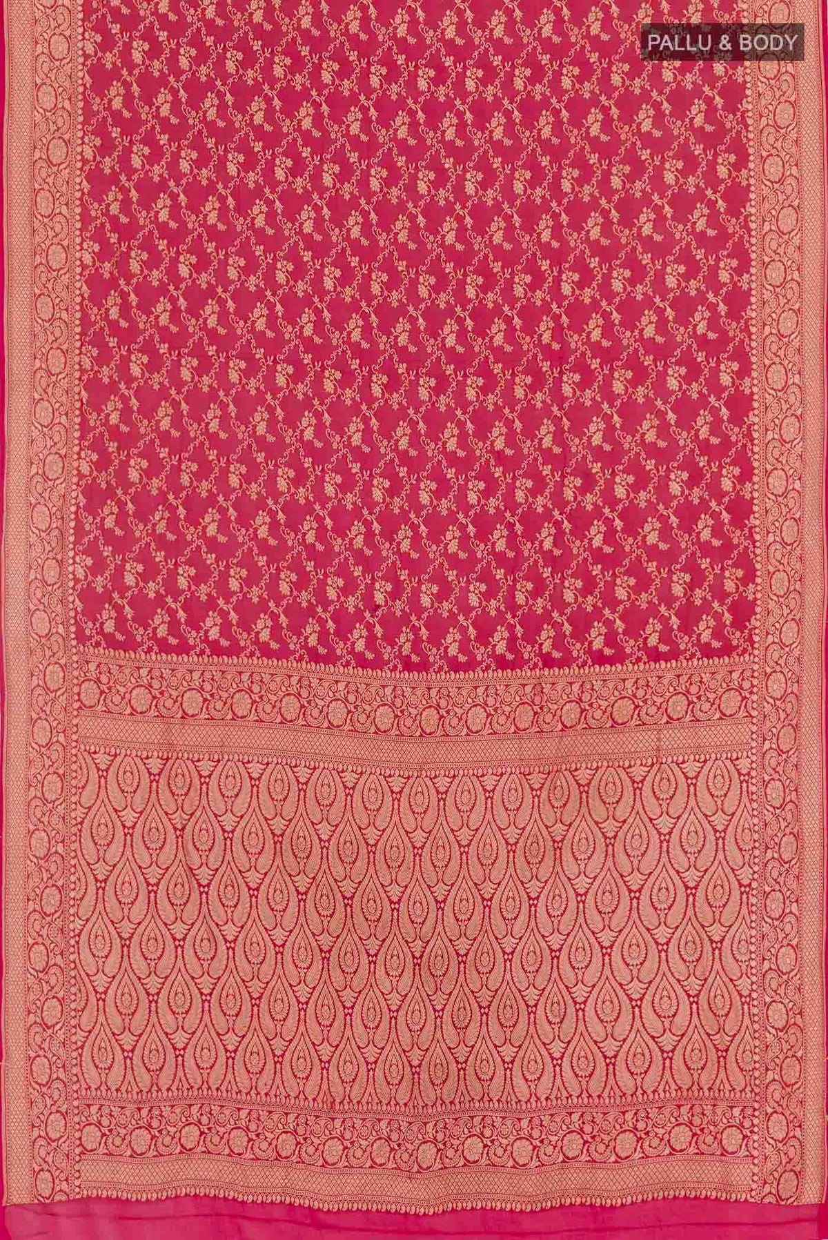 Flat view of Pink Banarasi Georgette Saree with Zari Brocade on the body and Plain Border