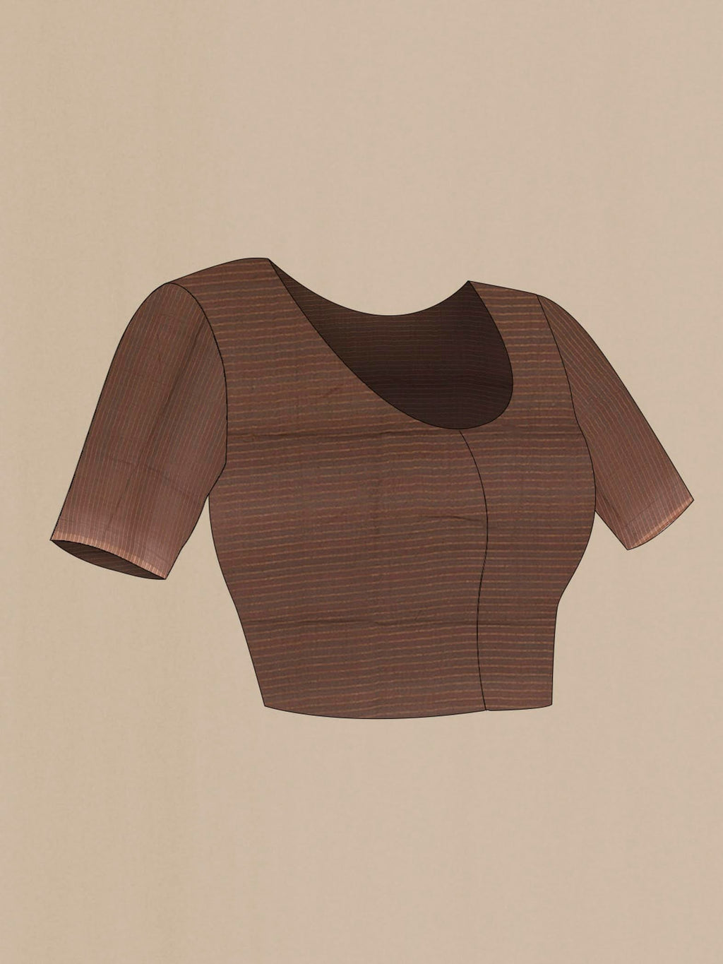 Close up image of the blouse of Brown Tussar Silk Saree with Zig Zag design on the body and Zari Border