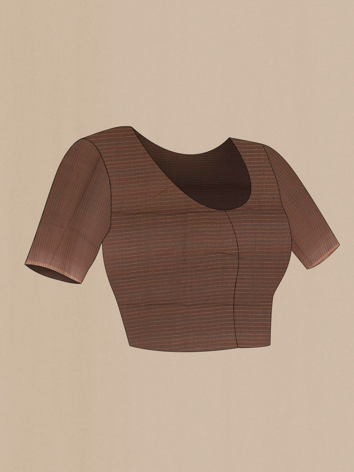 Close up image of the blouse of Brown Tussar Silk Saree with Zig Zag design on the body and Zari Border