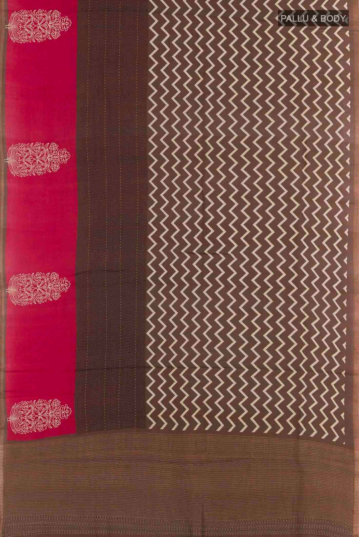 Flat view of Brown Tussar Silk Saree with Zig Zag design on the body and Zari Border