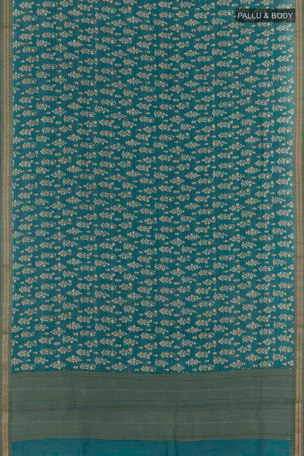 Flat view of Blue Tussar Silk Saree with Floral Print on the body and Zari Border