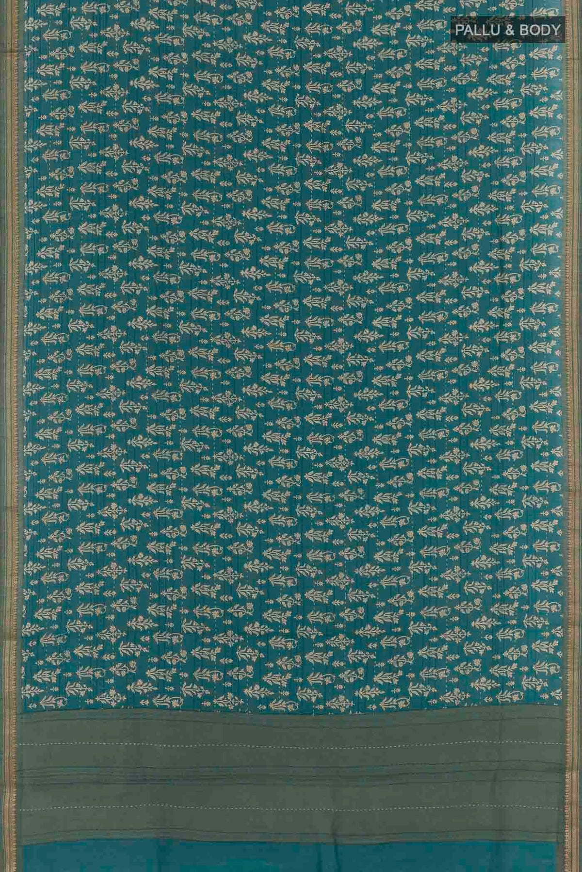 Flat view of Blue Tussar Silk Saree with Floral Print on the body and Zari Border