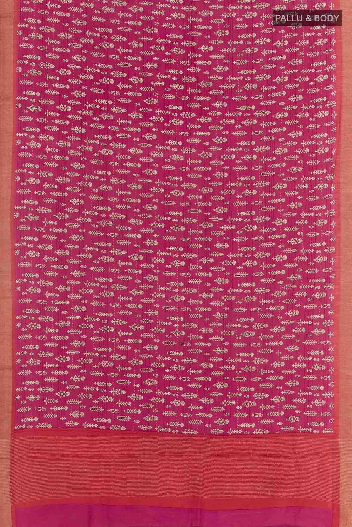 Flat view of Pink Tussar Silk Saree with Printed design on the body and Zari Border