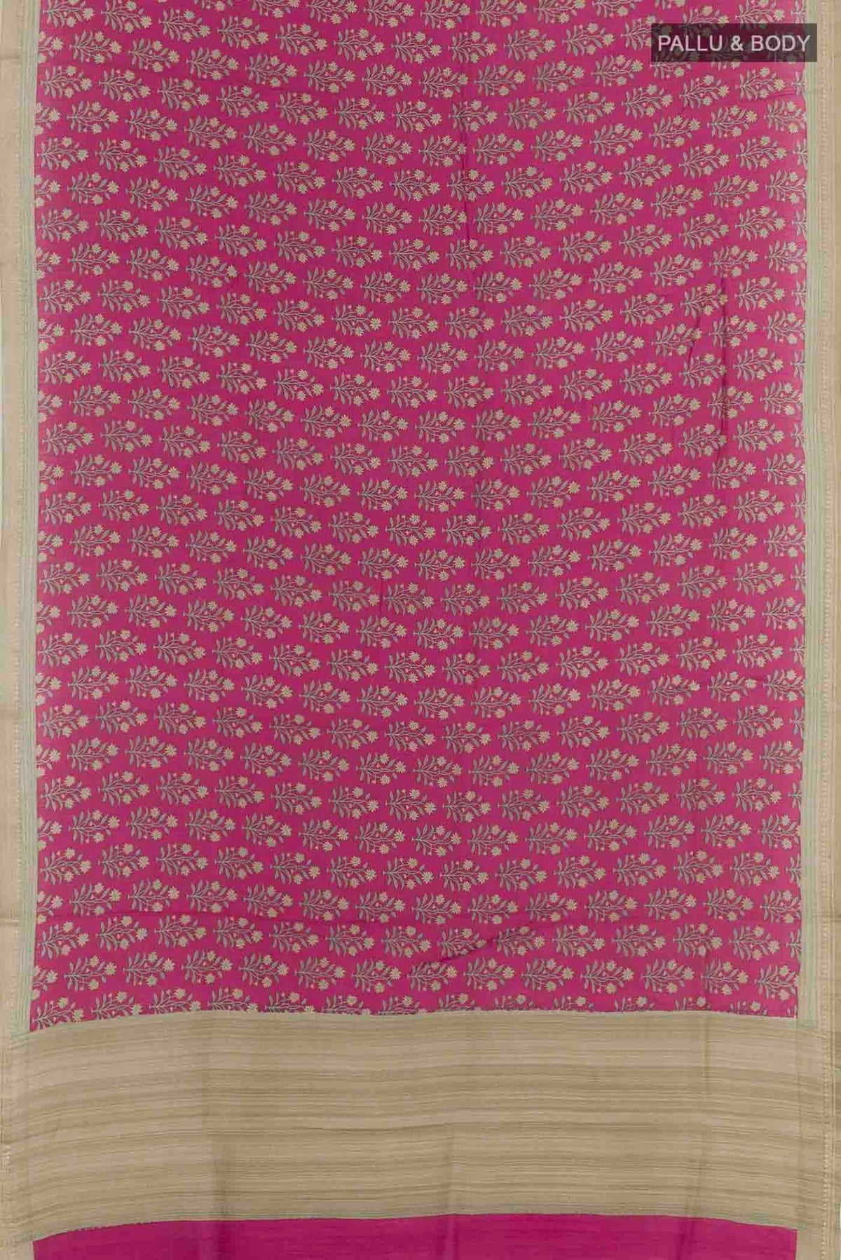 Flat view of Magenta Tussar Silk Saree with Printed design on the body and Zari Border