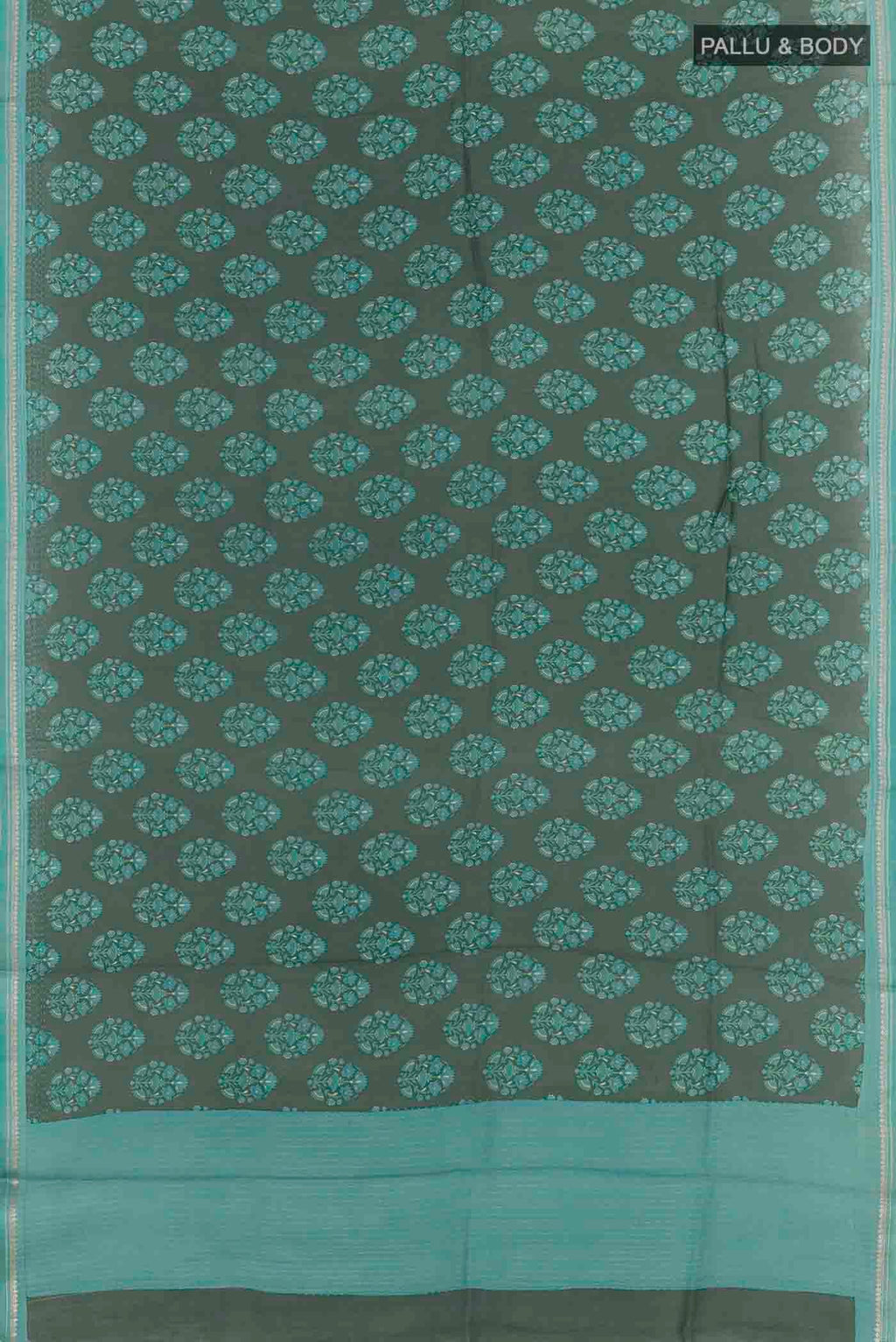 Flat view of Green Tussar Silk Saree with Floral Print on the body and Zari Border
