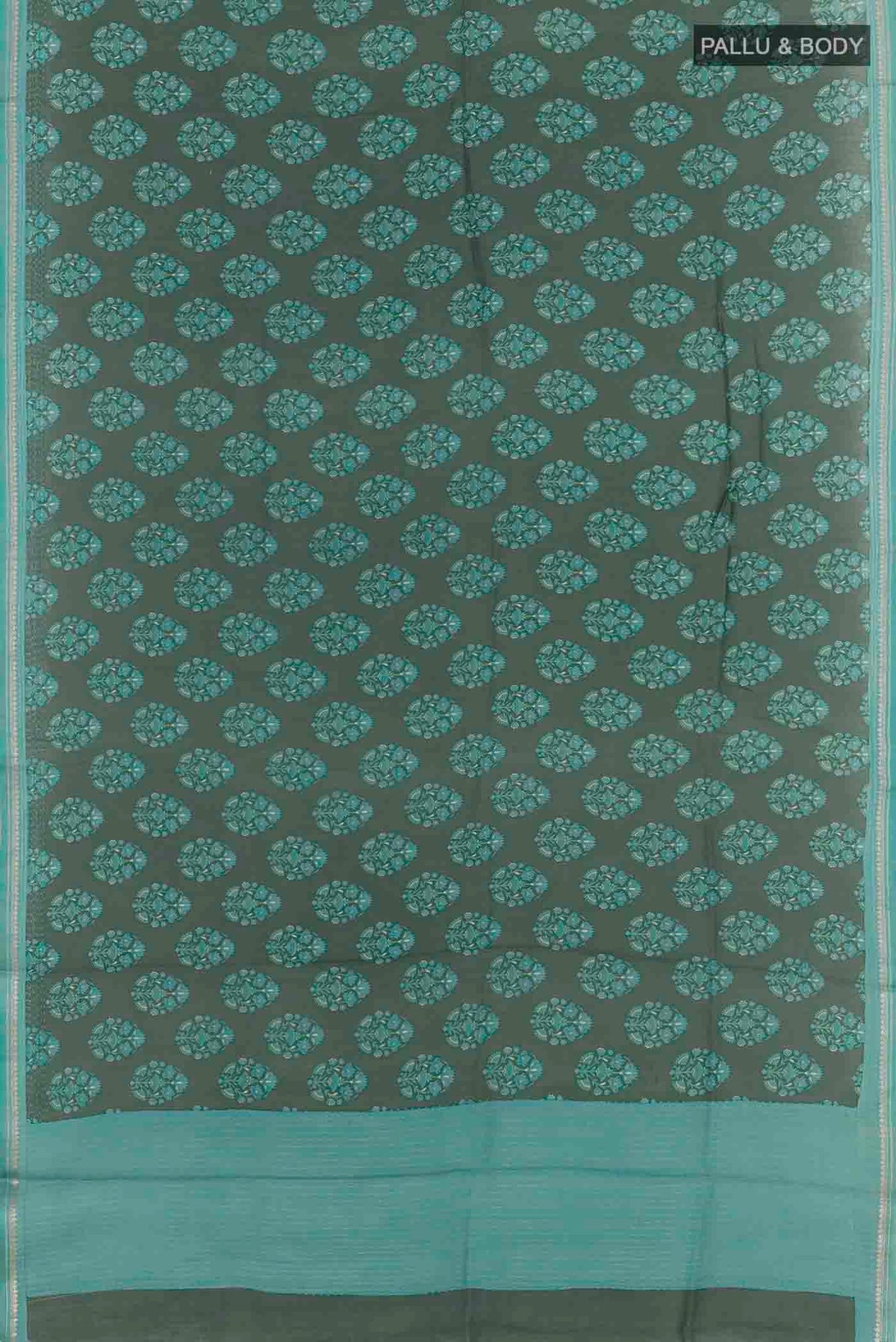 Flat view of Green Tussar Silk Saree with Floral Print on the body and Zari Border