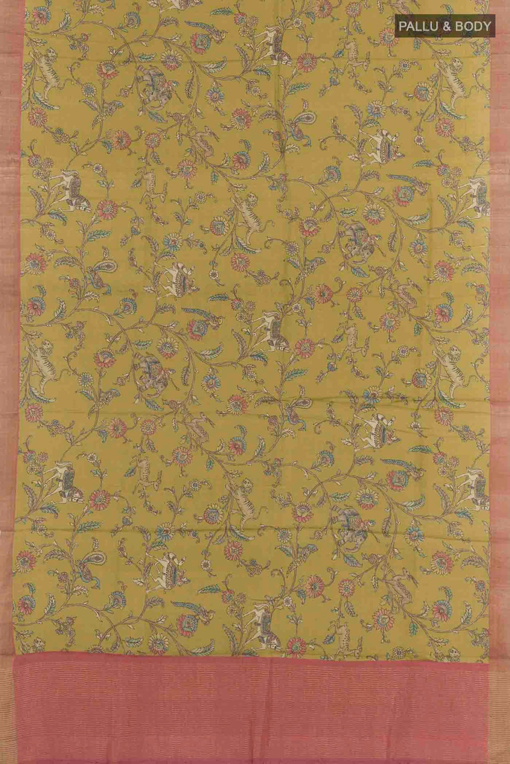 Flat view of Mehandi Green Tussar Saree with Printed design on the body and Zari Border