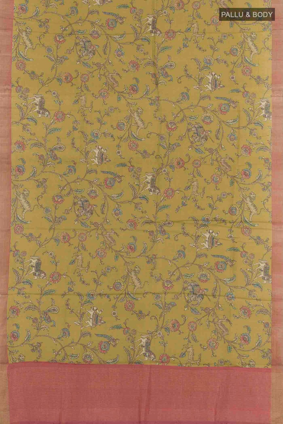 Flat view of Mehandi Green Tussar Saree with Printed design on the body and Zari Border