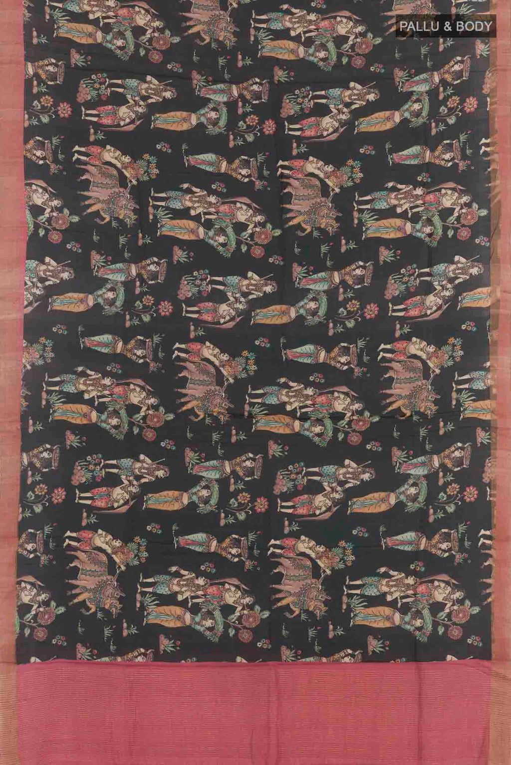 Flat view of Black Tussar Saree with Printed design on the body and Zari Border