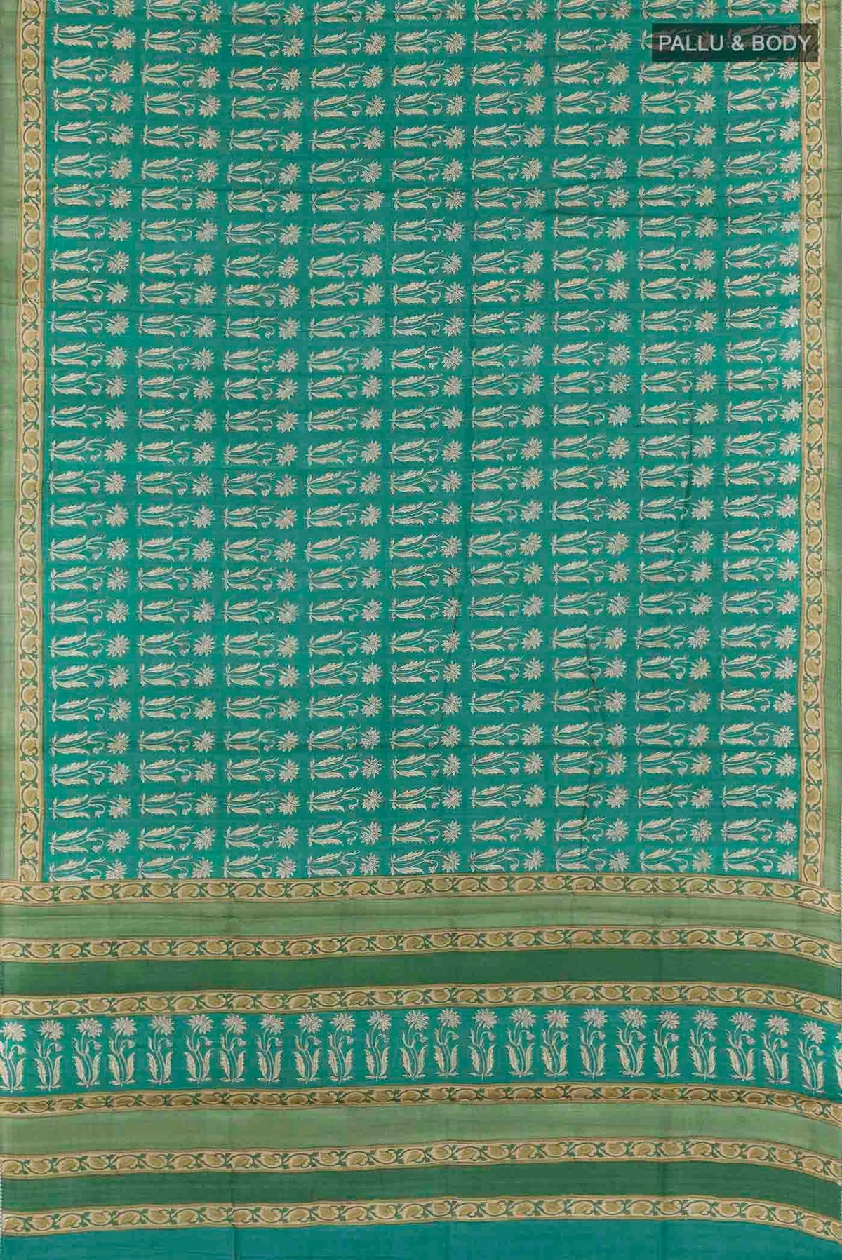 Flat view of Green Tussar Saree with Plain Body and Printed Border