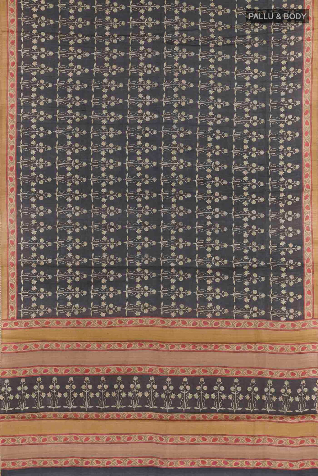 Flat view of Dark Blue Tussar Saree with Printed design on the body and Printed Border