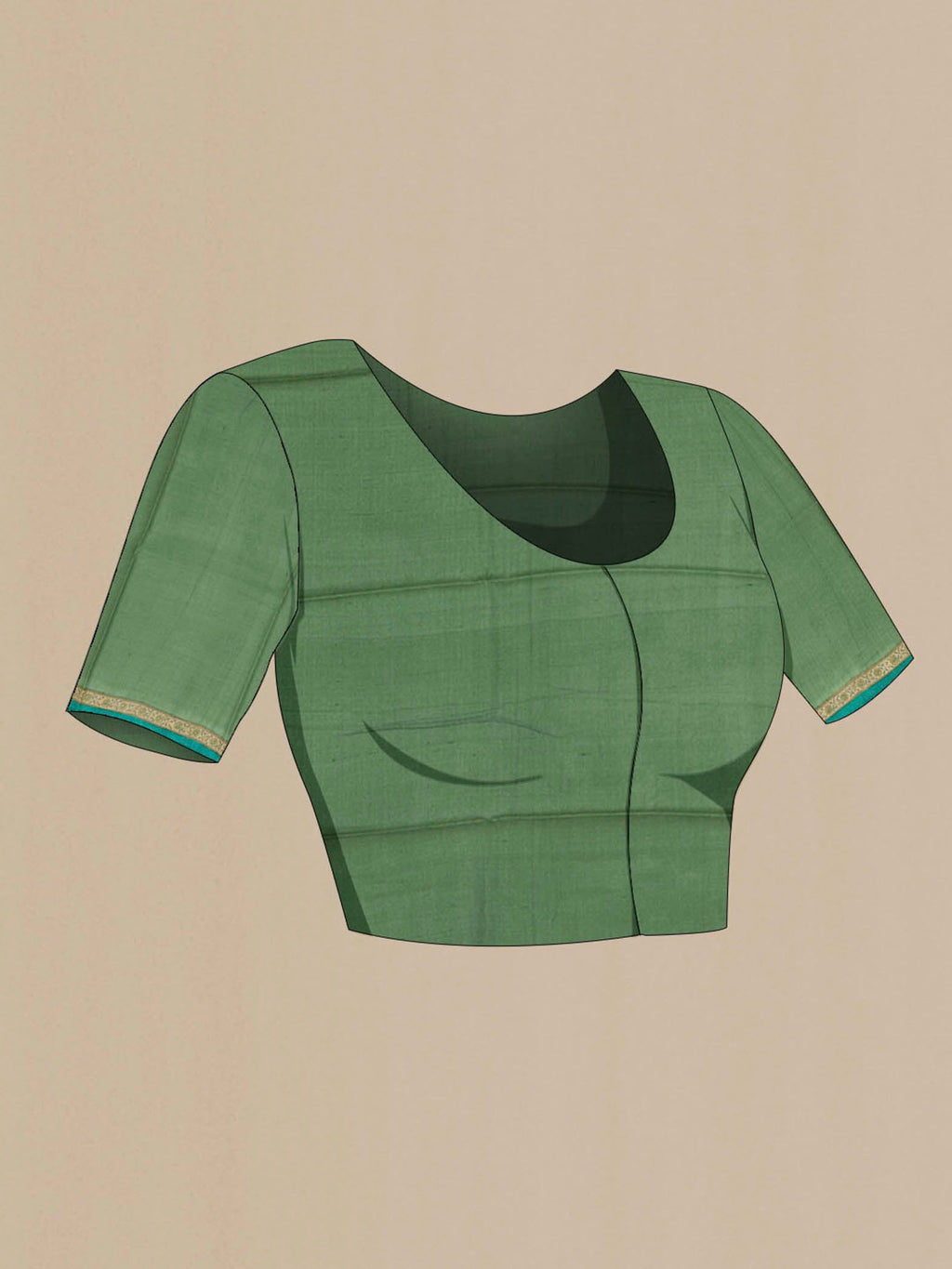 Close up image of the blouse of Green Tussar Saree with Printed design on the body and Printed Border. 